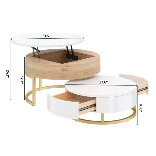 Modern Round Lift-Top Nesting Coffee Tables With 2 Drawers