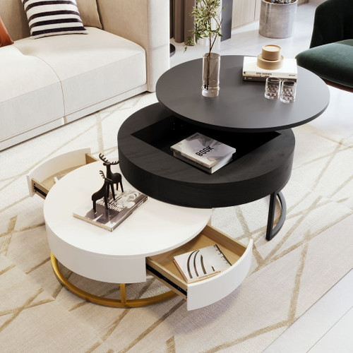 Modern Round Lift-Top Nesting Coffee Tables With 2 Drawers