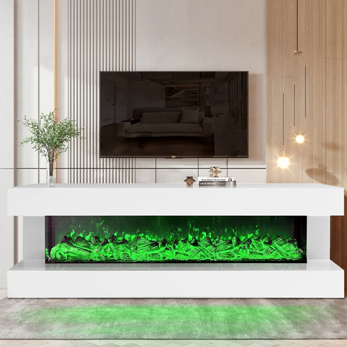 Brianna white TV stand with built-in electric fireplace, front view fits up to 70-inch TV