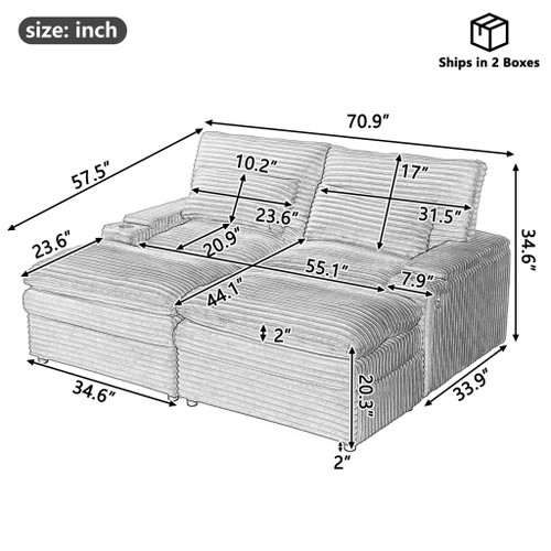 Convertible Loveseat Sofa With Storage, USB Ports, Cup Holders