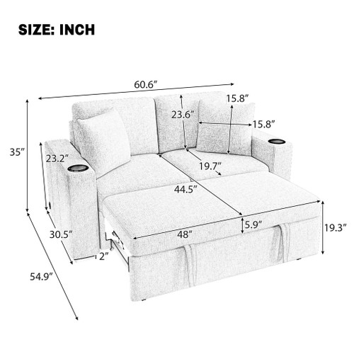 Modern 2 Seater Loveseat Sofa With Pull-Out Bed, Chenille Fabric, Built-In USB Ports & Cup Holders