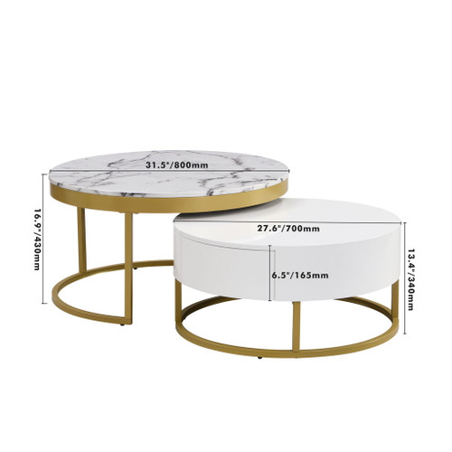 Round Nesting Coffee Table With Drawers - Golden / White