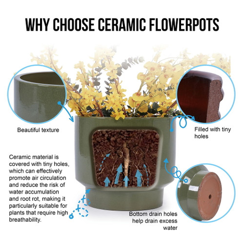 3 Pieces Ceramic Flowerpot, Planter For Patio, Garden Or Windowsills - Antique Light Green