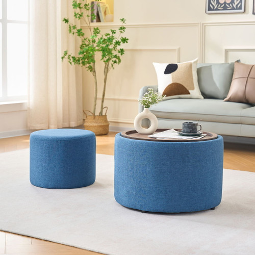 Nesting Ottomans, Round Coffee Table & Bench With Tray (Set of 2)