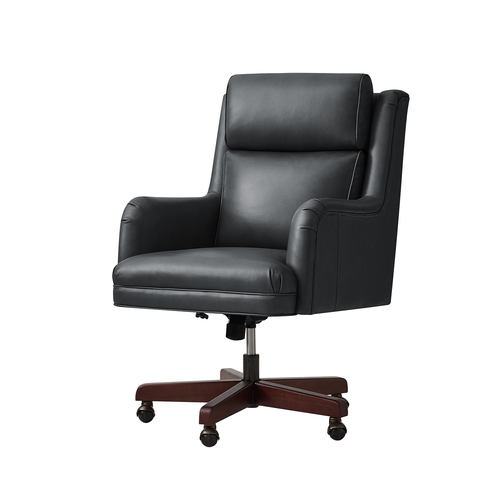 Geofredo Traditional 42.5 in. H Genuine Leather Swivel Tilting Office Chair with Solid Wood Legs