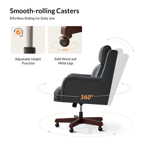 Geofredo Traditional 42.5 in. H Genuine Leather Swivel Tilting Office Chair with Solid Wood Legs