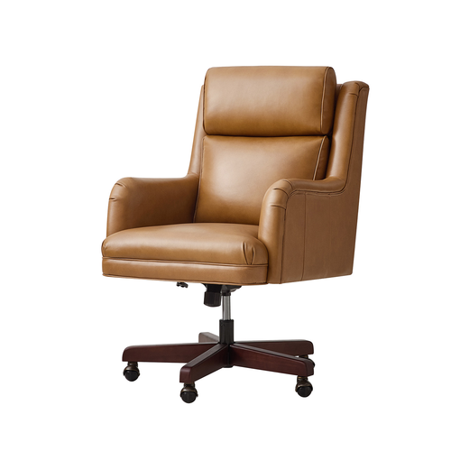 Geofredo Traditional 42.5 in. H Genuine Leather Swivel Tilting Office Chair with Solid Wood Legs