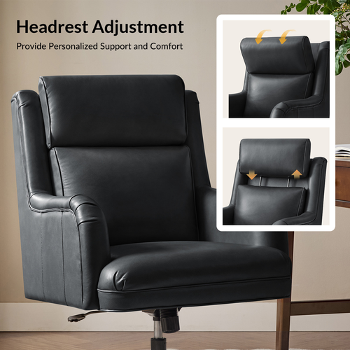 Geofredo Traditional 42.5 in. H Genuine Leather Swivel Tilting Office Chair with Solid Wood Legs