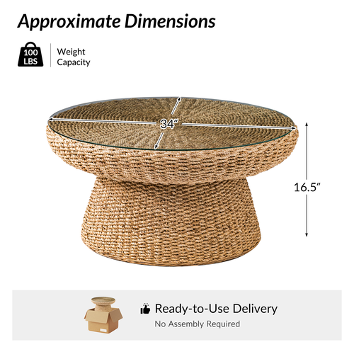 Lena Coastal Natural Seagrass Material Glass Tabletop Coffee Table