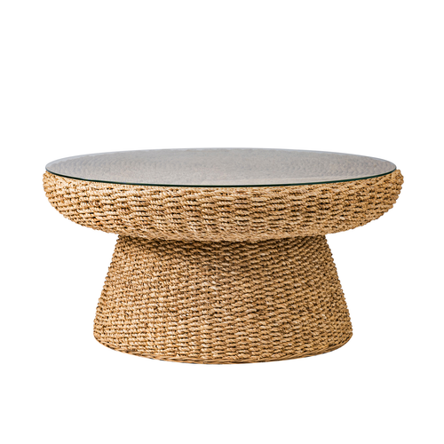 Lena Coastal Natural Seagrass Material Glass Tabletop Coffee Table