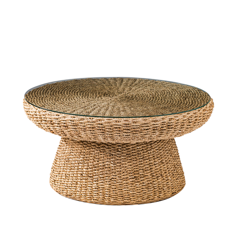 Lena Coastal Natural Seagrass Material Glass Tabletop Coffee Table