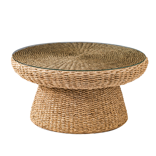 Lena Coastal Natural Seagrass Material Glass Tabletop Coffee Table