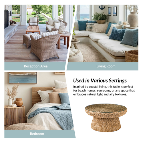 Lena Coastal Natural Seagrass Material Glass Tabletop Coffee Table