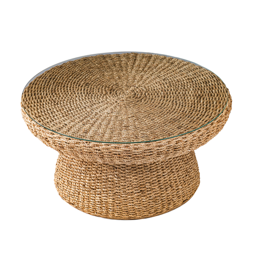 Lena Coastal Natural Seagrass Material Glass Tabletop Coffee Table