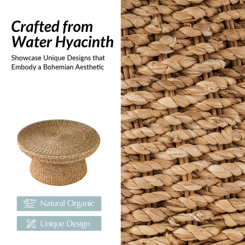 Lena Coastal Natural Seagrass Material Glass Tabletop Coffee Table