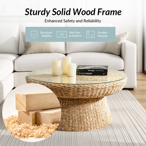 Lena Coastal Natural Seagrass Material Glass Tabletop Coffee Table