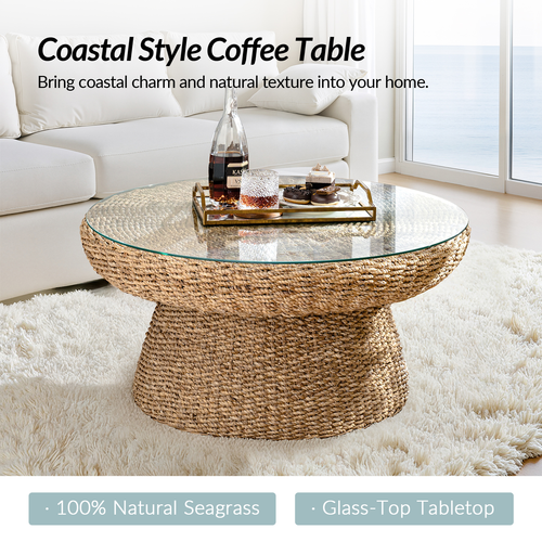 Lena Coastal Natural Seagrass Material Glass Tabletop Coffee Table