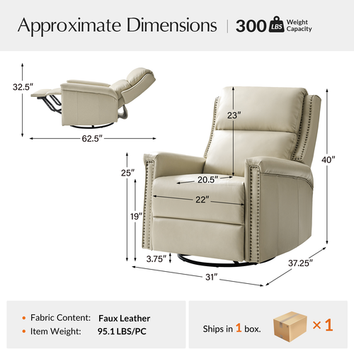 Tobias Traditional Leather Swivel and Rocker Power Recliner with Adjustable Backrest & Footrest and USB Ports