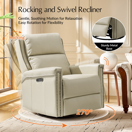 Tobias Traditional Leather Swivel and Rocker Power Recliner with Adjustable Backrest & Footrest and USB Ports