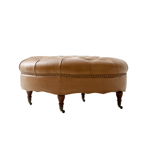 Geofredo Leather Round Ottoman with Tufted Top Nailhead Trim