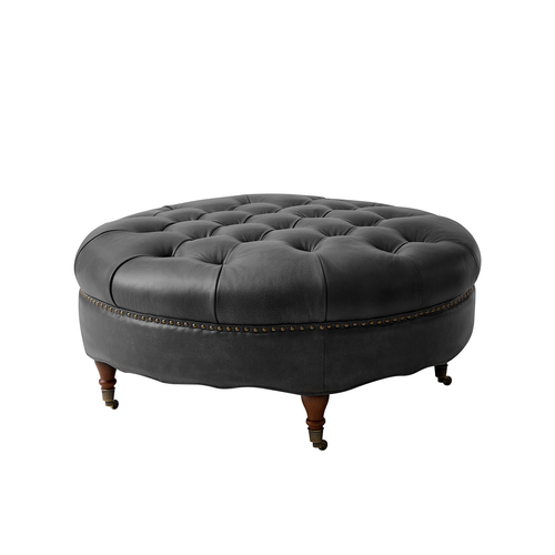 Geofredo Leather Round Ottoman with Tufted Top Nailhead Trim