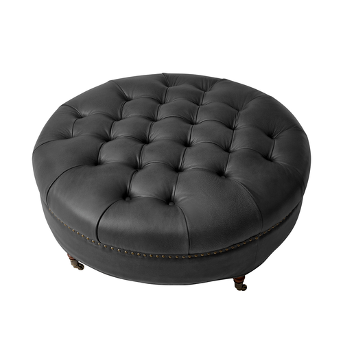 Geofredo Leather Round Ottoman with Tufted Top Nailhead Trim
