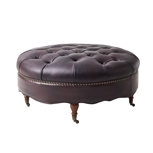 Geofredo Leather Round Ottoman with Tufted Top Nailhead Trim