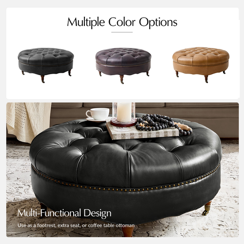 Geofredo Leather Round Ottoman with Tufted Top Nailhead Trim