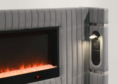 Romance 2 Platform Bed in Fabric with Multi-Color Fireplace Display in Headboard