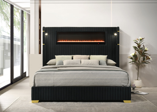 Romance 2 Platform Bed in Fabric with Multi-Color Fireplace Display in Headboard