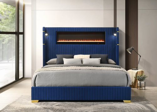 Romance 2 Platform Bed in Fabric with Multi-Color Fireplace Display in Headboard