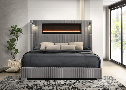 Romance 2 Platform Bed in Fabric with Multi-Color Fireplace Display in Headboard