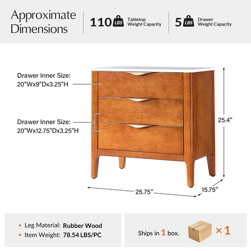 Niccol 3 Drawer 25.75 in. W Nightstand with Built-in Power Outlet and USB Ports