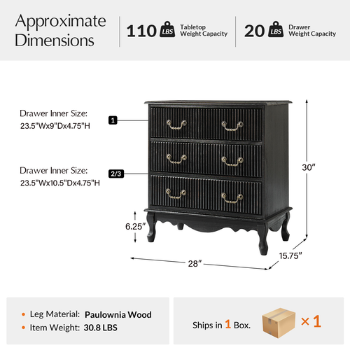Kaybri Transitional 28"W 3-Drawer Solid Wood Fluted Chest with Built-In Power Outlet