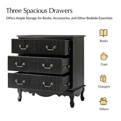Kaybri Transitional 28"W 3-Drawer Solid Wood Fluted Chest with Built-In Power Outlet