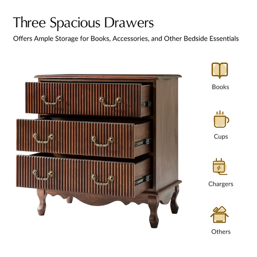 Kaybri Transitional 28"W 3-Drawer Solid Wood Fluted Chest with Built-In Power Outlet