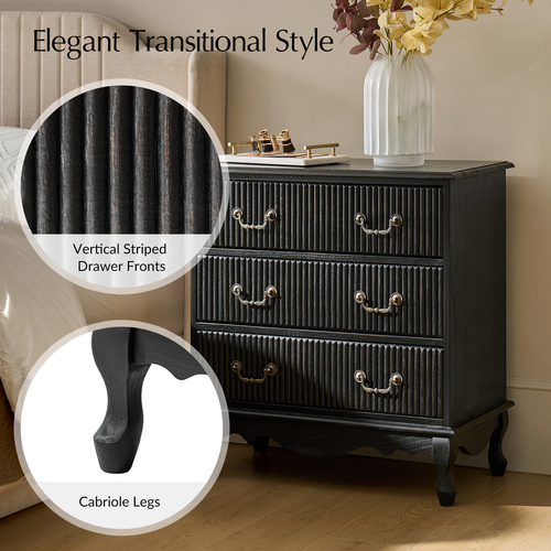 Kaybri Transitional 28"W 3-Drawer Solid Wood Fluted Chest with Built-In Power Outlet