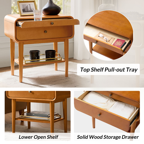 Palig 24"Tall Mid-Century Modern 2-Drawer Solid Wood Veneer with Built-In Charging End Table