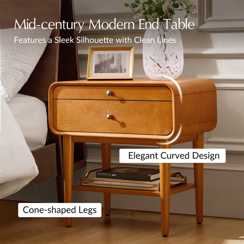 Palig 24"Tall Mid-Century Modern 2-Drawer Solid Wood Veneer with Built-In Charging End Table