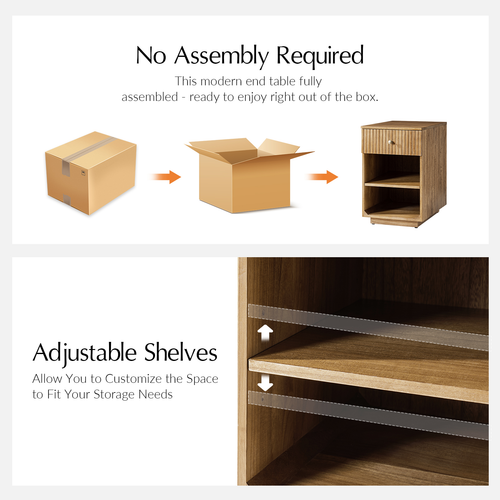 Meg Modern 24"Tall 1-Drawer Fluted Solid Wood End Table with Built-In Charging Ports