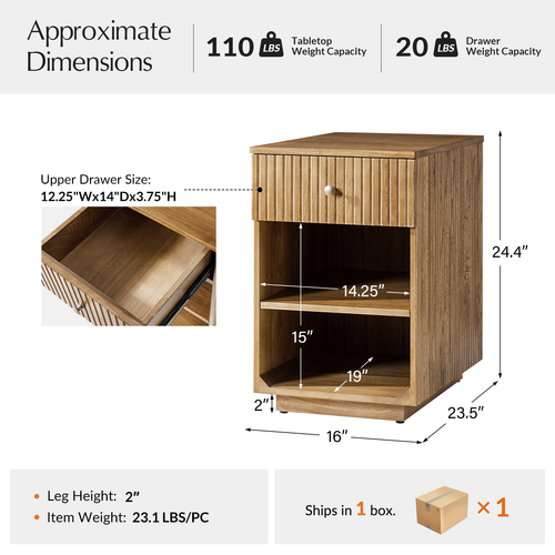 Meg Modern 24"Tall 1-Drawer Fluted Solid Wood End Table with Built-In Charging Ports