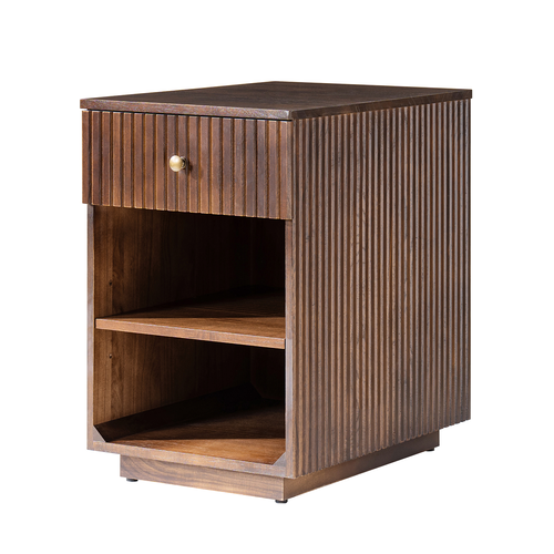 Meg Modern 24"Tall 1-Drawer Fluted Solid Wood End Table with Built-In Charging Ports