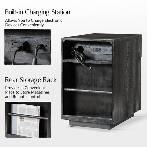 Meg Modern 24"Tall 1-Drawer Fluted Solid Wood End Table with Built-In Charging Ports