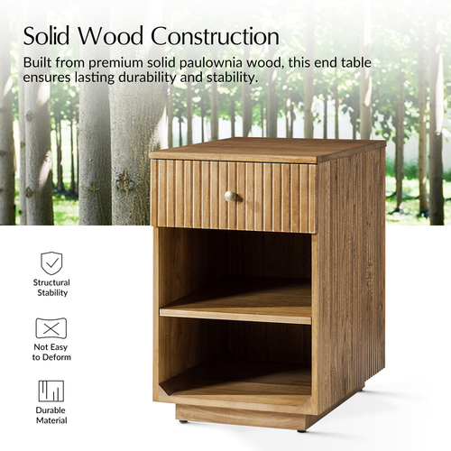 Meg Modern 24"Tall 1-Drawer Fluted Solid Wood End Table with Built-In Charging Ports