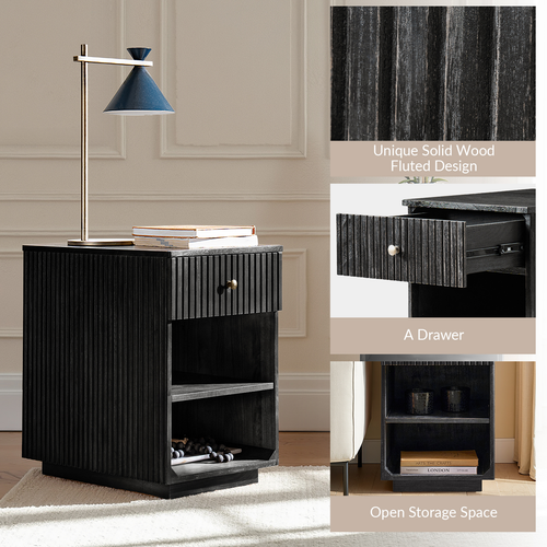 Meg Modern 24"Tall 1-Drawer Fluted Solid Wood End Table with Built-In Charging Ports