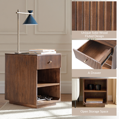 Meg Modern 24"Tall 1-Drawer Fluted Solid Wood End Table with Built-In Charging Ports