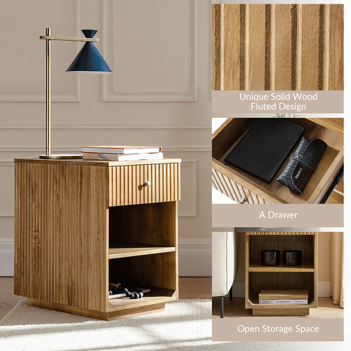 Meg Modern 24"Tall 1-Drawer Fluted Solid Wood End Table with Built-In Charging Ports