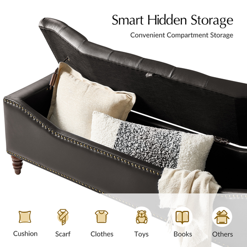Zona 59"W Traditional Faux Leather Tufted Upholstered Storage Bench with Soild Wood Legs and Nailhead Trim