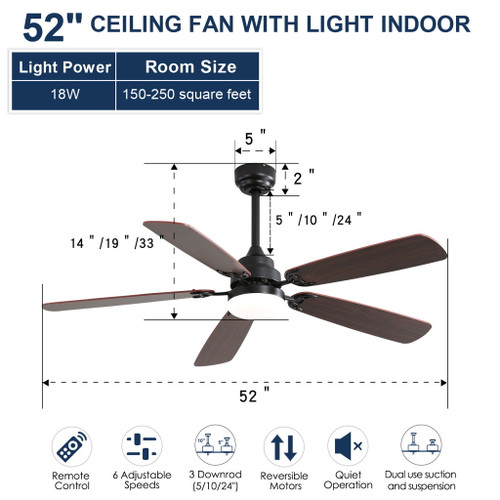 Ceiling Fan With LED Light, 6 Speed Wind, 5 Blades, Remote Control DC Motor
