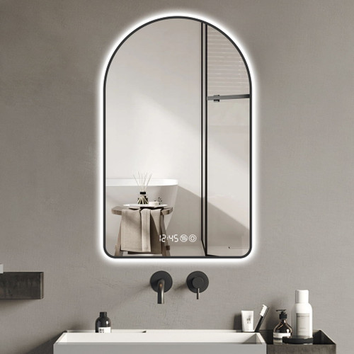 Arched LED Vanity Mirror With Time & Temperature Display, Anti-Fog, Dimmable Backlight In Frame, 3 Color Temperatures